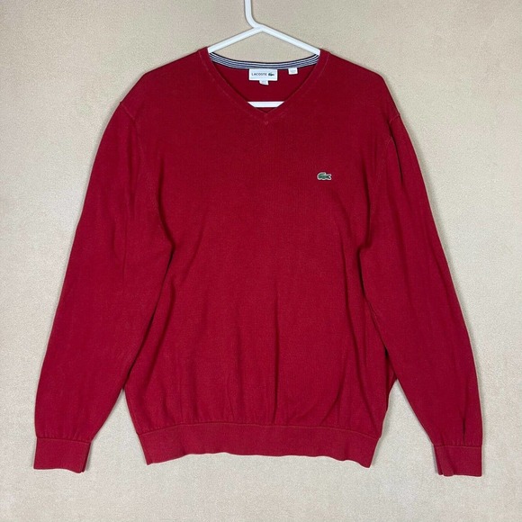 Lacoste Sweater Adult Extra Large Red‎ Golf Tennis Preppy V-Neck Logo Mens - Picture 1 of 13